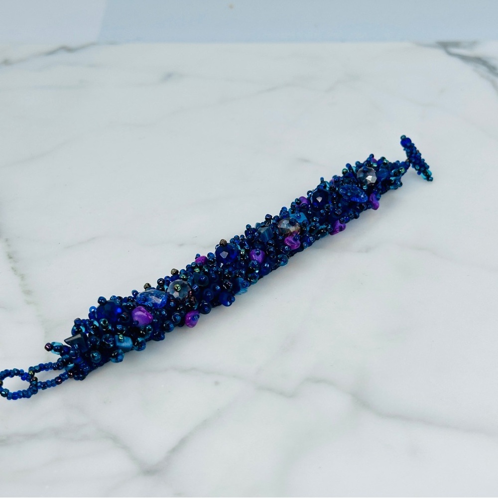 Purple and Blue Handmade Glass Bead Bracelet With Natural Stones Bead Stew 7” - Picture 7 of 9